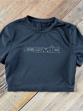 Black Crop Top with Rhinestone 'Cosmic' Logo